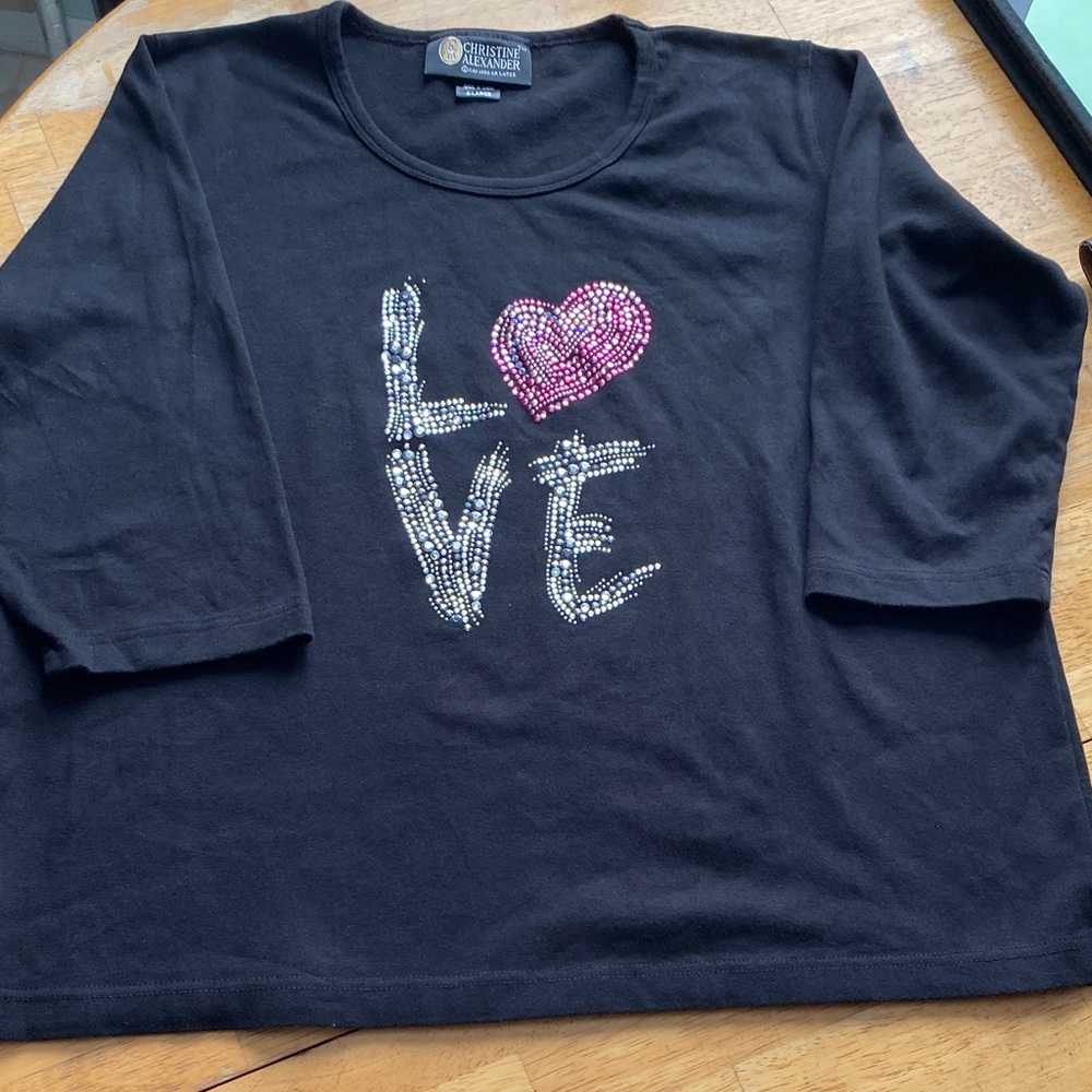 Top 3/4” sleeve “Love” themed, Rhinestone top by Christine Alexander